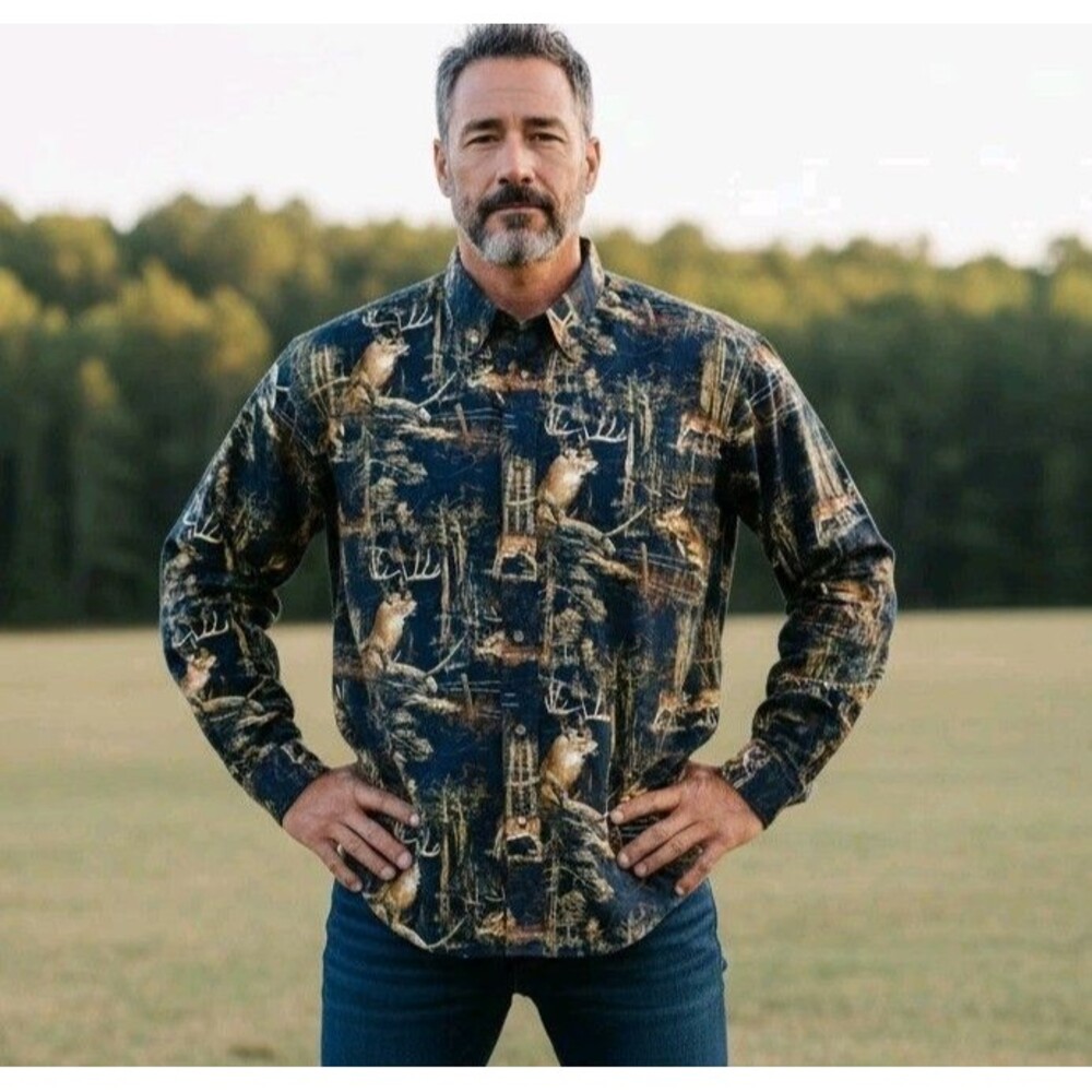 Bluff Creek Outfitters Button Down Shirt Size L All Over Print Deer Hunting EUC